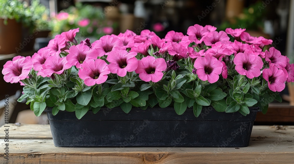 Vibrant pink petunias in full bloom showcased in a decorative planter surrounded by greenery in a garden setting. Vibrant pink petunias in full bloom showcased in a decorative planter surrounded by greenery in a garden setting.