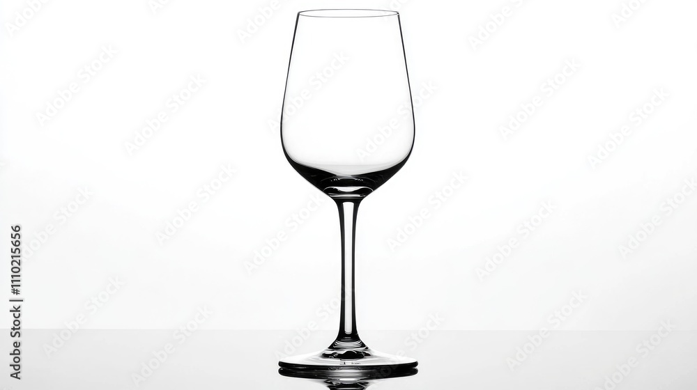 Obraz premium elegant empty wine glass on a reflective surface isolated against a bright white background ready for use in hospitality or culinary contexts
