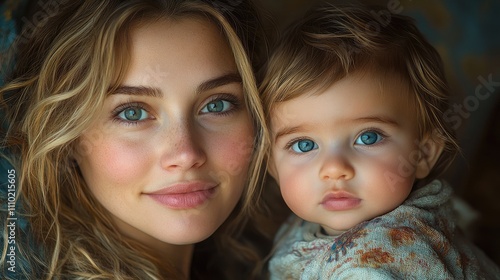 Happy mother holding her adorable baby boy, showcasing a warm and loving family bond with beautiful blue eyes and joyful expressions.