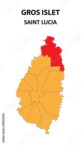 Gros Islet Map is highlighted on the Saint Lucia map with detailed state and region outlines. photo