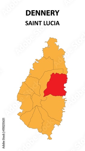 Dennery Map is highlighted on the Saint Lucia map with detailed state and region outlines. photo