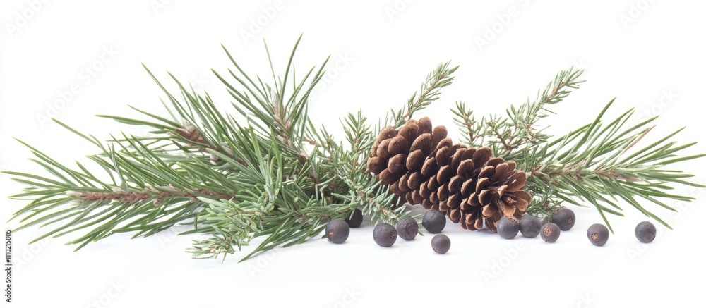 Naklejka premium Pine cone and evergreen foliage arrangement with berries on a white background for nature and botanical themes