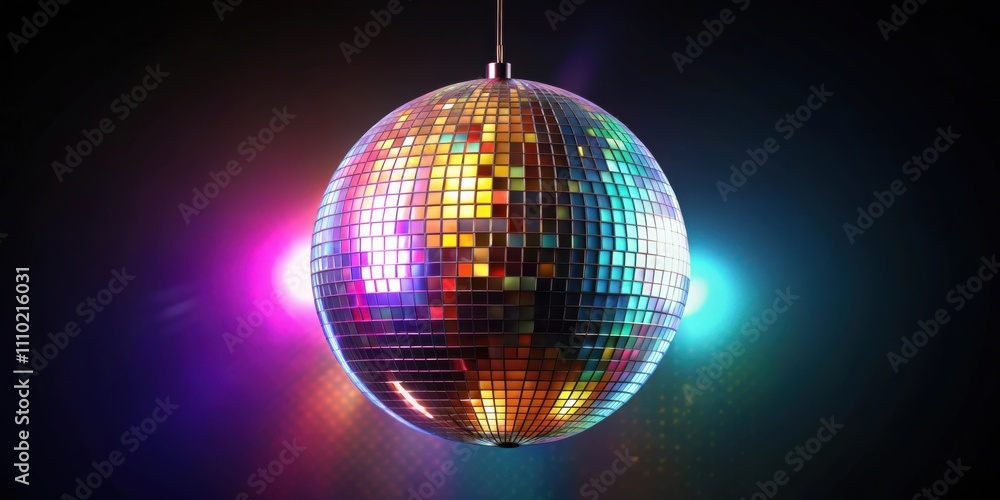 Obraz premium A reflective disco ball hangs from the ceiling, casting colorful beams of light onto a dark background.