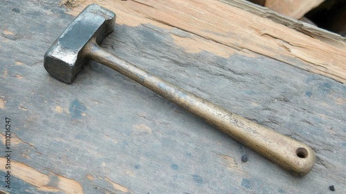 Heavy duty hammer tools on weathered wooden surface for construction or DIY projects photo