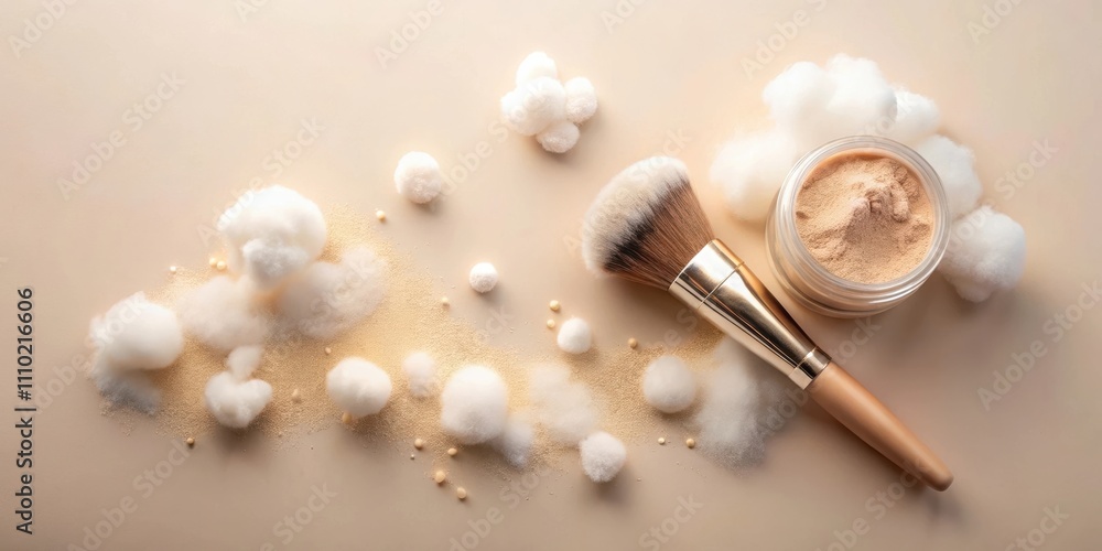 A jar of loose powder makeup sits beside a makeup brush with soft cotton balls scattered on a light beige background. A jar of loose powder makeup sits beside a makeup brush with soft cotton balls scattered on a light beige background.