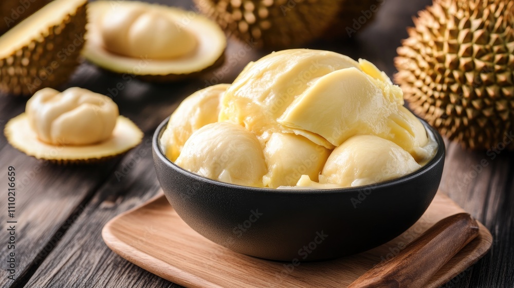 Durian fruit and dessert served in a bowl with durian halves on a wooden table background Durian fruit and dessert served in a bowl with durian halves on a wooden table background
