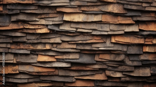 Textured layers of weathered roof tiles creating a rustic and historical background for architectural or design projects