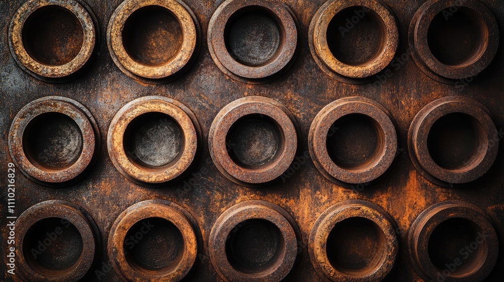 Close up view of a textured arrangement of vintage round industrial pipes showcasing rust and wear patterns on a weathered surface Close up view of a textured arrangement of vintage round industrial pipes showcasing rust and wear patterns on a weathered surface