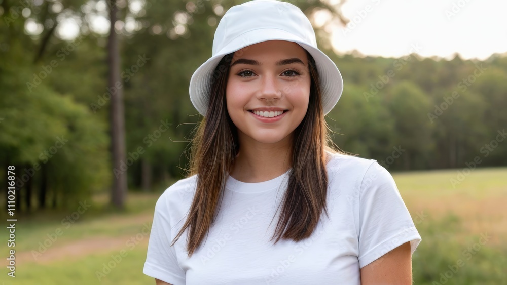 Teenage girl wearing white t-shirt and white bucket hat standing in nature Teenage girl wearing white t-shirt and white bucket hat standing in nature
