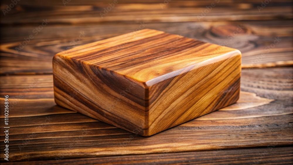 A wooden block with rich grain patterns sits on a dark wood surface. The block, with a smooth and polished top, creates a natural platform for displaying products or showcasing artistic arrangements. A wooden block with rich grain patterns sits on a dark wood surface. The block, with a smooth and polished top, creates a natural platform for displaying products or showcasing artistic arrangements.