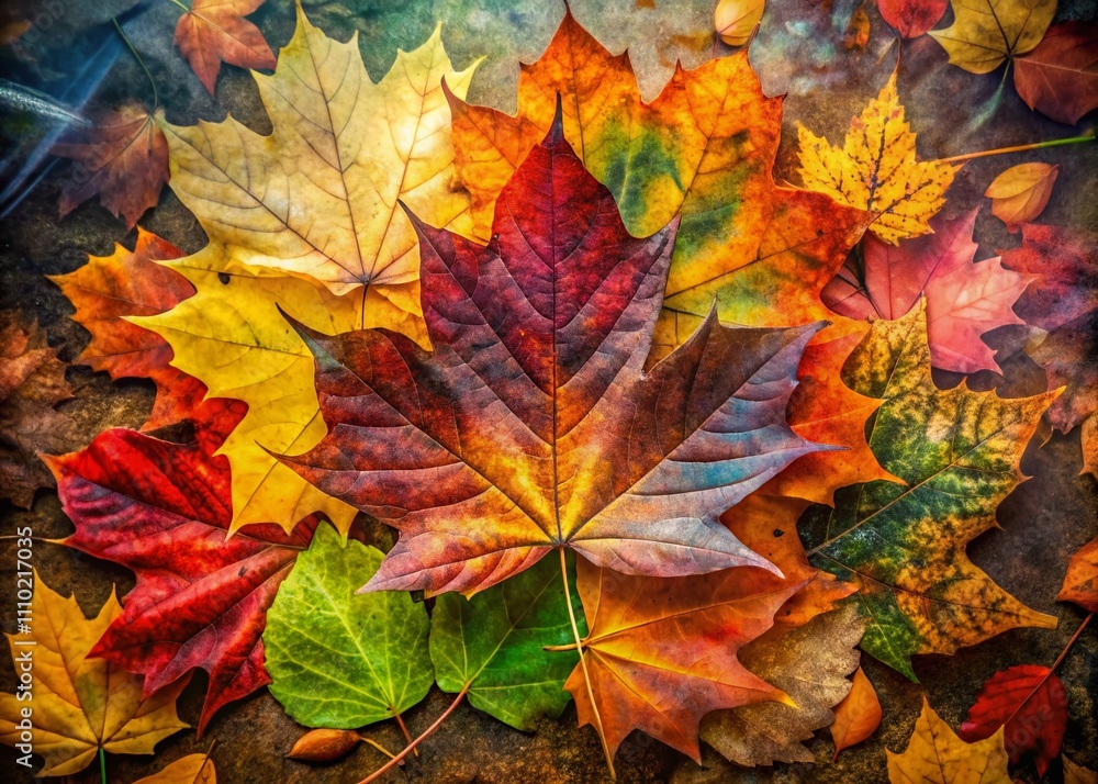 Fototapeta premium A Vibrant Double Exposure of Autumn Leaves Over a Natural Earthy Background, Showcasing the Rich Colors and Textures of Fall as They Lay Flat on the Ground in a Stunning Composition