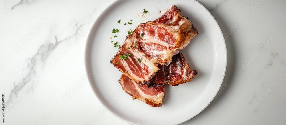Bacon strips garnished with herbs on a white plate showcasing a top perspective view on a marble background Bacon strips garnished with herbs on a white plate showcasing a top perspective view on a marble background