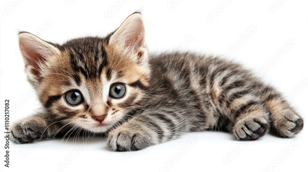 Fototapeta premium Adorable small striped kitten with captivating blue eyes resting against a soft light background, exuding charm and playfulness.