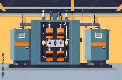Electrical transformer and isolator in a flat design Substation equipment featuring a transformer booth