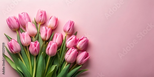 A vibrant bouquet of pink tulips arranged on a soft pastel background, showcasing the delicate beauty of springtime flowers.