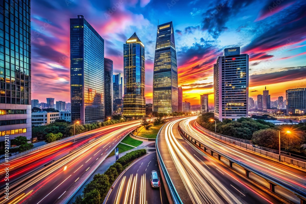 Fototapeta premium A Vibrant Urban Landscape at Dusk Featuring Illuminated Roads and Towering Buildings Captured with Long Exposure in a Bustling City Setting