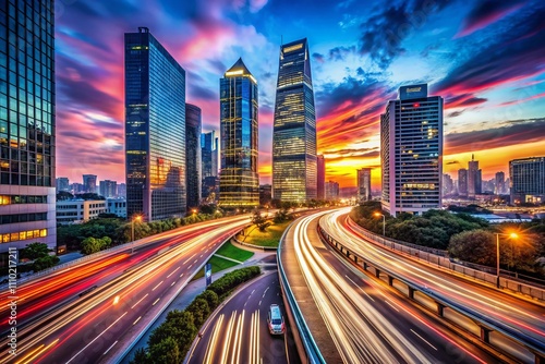 A Vibrant Urban Landscape at Dusk Featuring Illuminated Roads and Towering Buildings Captured with Long Exposure in a Bustling City Setting