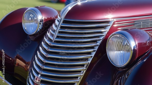 Classic vintage car front view showcasing elegant grille and distinctive headlights in vibrant colors on a sunlit day.