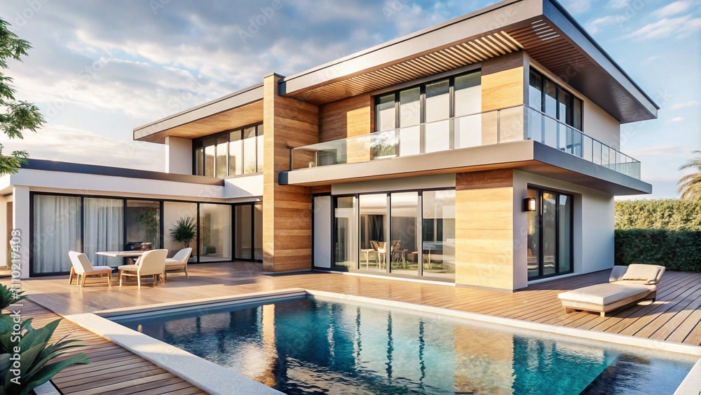 Fototapeta premium Modern luxury home with pool and deck.