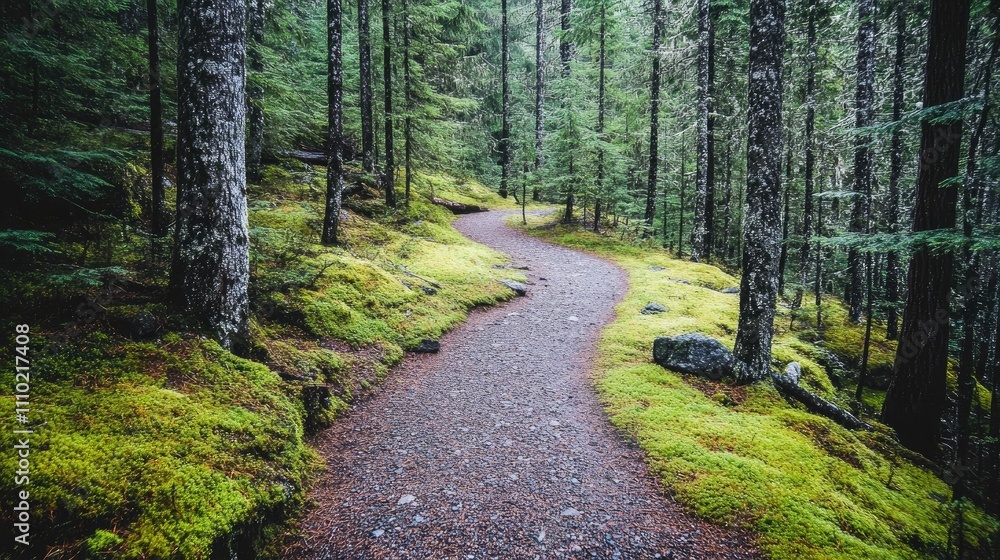 Fototapeta premium serene autumn trail winding through lush moss-covered trees and rocky terrain in a tranquil forest setting
