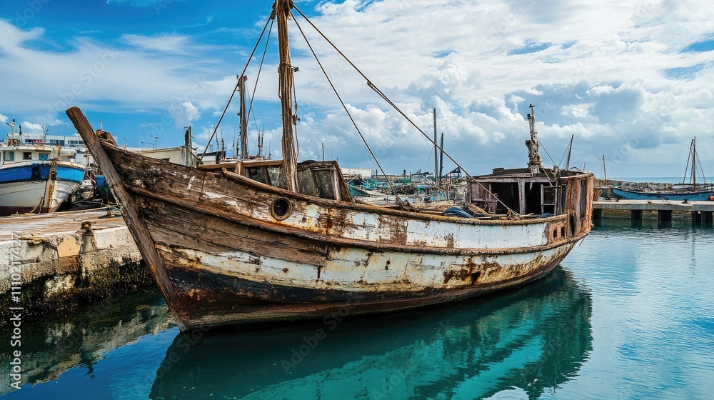 Rustic fishing boat moored in a tranquil harbor showcasing weathered wood and serene waters under a vibrant blue sky Rustic fishing boat moored in a tranquil harbor showcasing weathered wood and serene waters under a vibrant blue sky