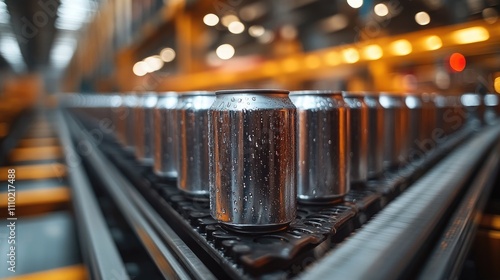 Aluminum cans moving on conveyor belt in beverage manufacturing facility showcasing industrial production and processing efficiency in food industry