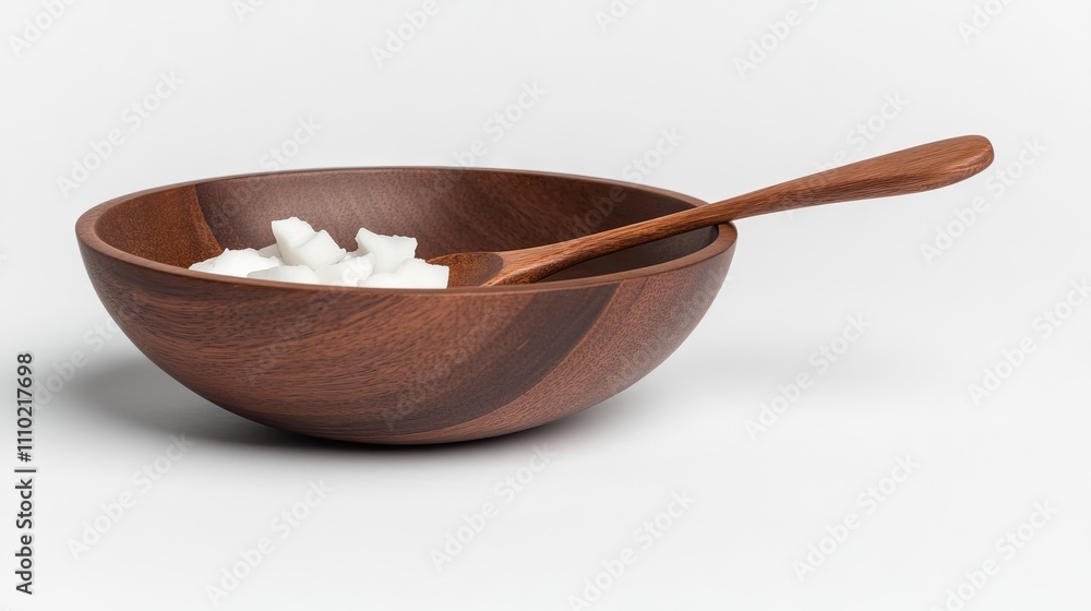 Wooden bowl and spoon filled with coconut oil and chunks of fresh coconut, arranged on a simple neutral background, food styling, culinary, healthy lifestyle, natural ingredients. Wooden bowl and spoon filled with coconut oil and chunks of fresh coconut, arranged on a simple neutral background, food styling, culinary, healthy lifestyle, natural ingredients.