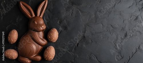 Chocolate Easter bunny and eggs arranged on dark stone background for festive holiday flat lay display and promotional use. photo