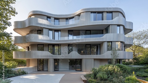 modern architectural design of a unique corner building in prenzlauer berg berlin with curved facade and natural surroundings photo