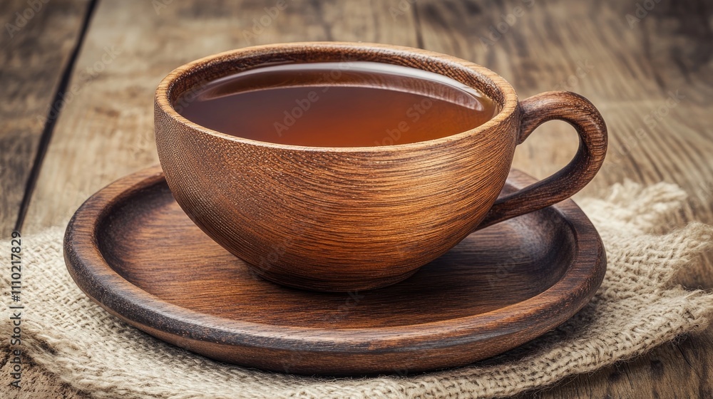 Rustic wooden tea cup with saucer on burlap table setting showcasing a warm beverage in a cozy environment Rustic wooden tea cup with saucer on burlap table setting showcasing a warm beverage in a cozy environment