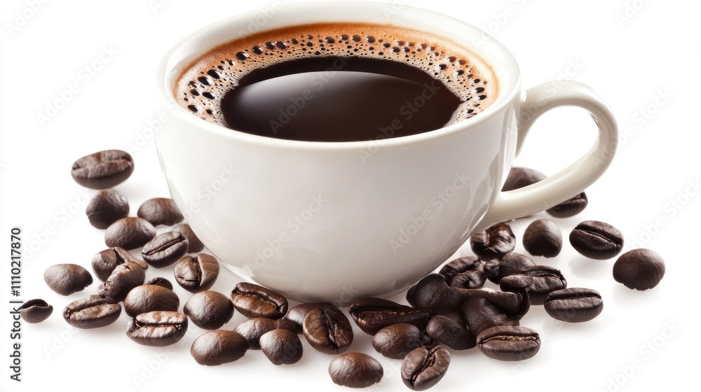 Freshly brewed coffee in a white mug surrounded by roasted coffee beans on a clean white background showcasing a cozy beverage aesthetic. Freshly brewed coffee in a white mug surrounded by roasted coffee beans on a clean white background showcasing a cozy beverage aesthetic.