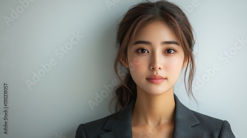 Professional Asian woman in a tailored suit, standing against a neutral gray background, exuding confidence and elegance, portrait, business attire, fashion, headshot.