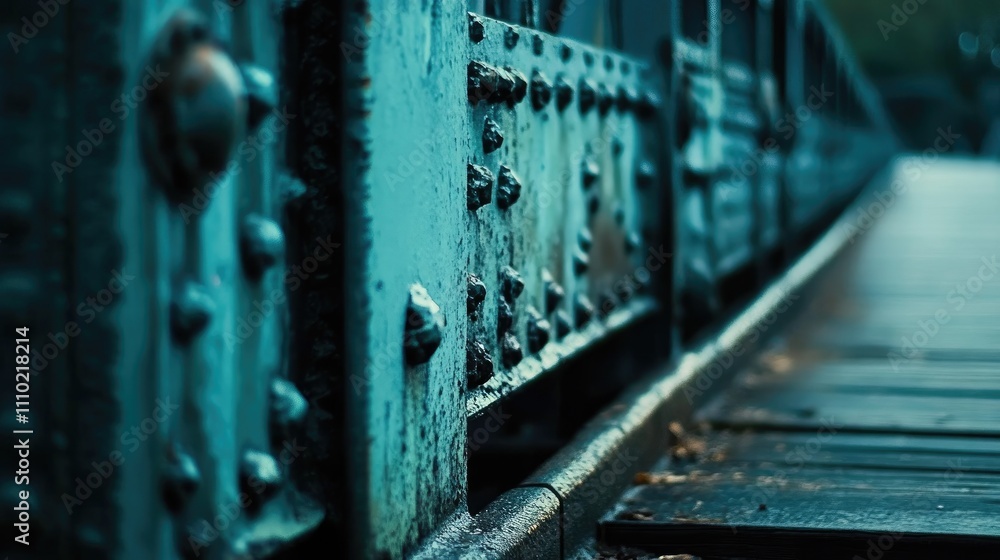 Close up of a weathered steel bridge frame showcasing intricate details and textures in a moody toned atmosphere