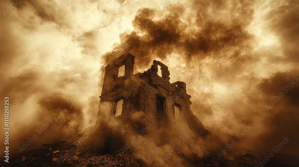 Fototapeta premium Desolate landscape with a burning building surrounded by heavy smoke creating an atmosphere of destruction and despair