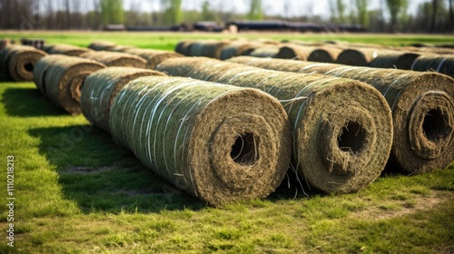 Wallpaper Mural Stacks of rolled sod turf on grassy field ready for installation in landscaping and lawn development projects. Torontodigital.ca