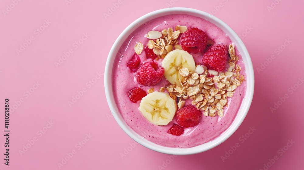 Fresh Berry Smoothie Bowl with Oats and Bananas on Pink Background Fresh Berry Smoothie Bowl with Oats and Bananas on Pink Background