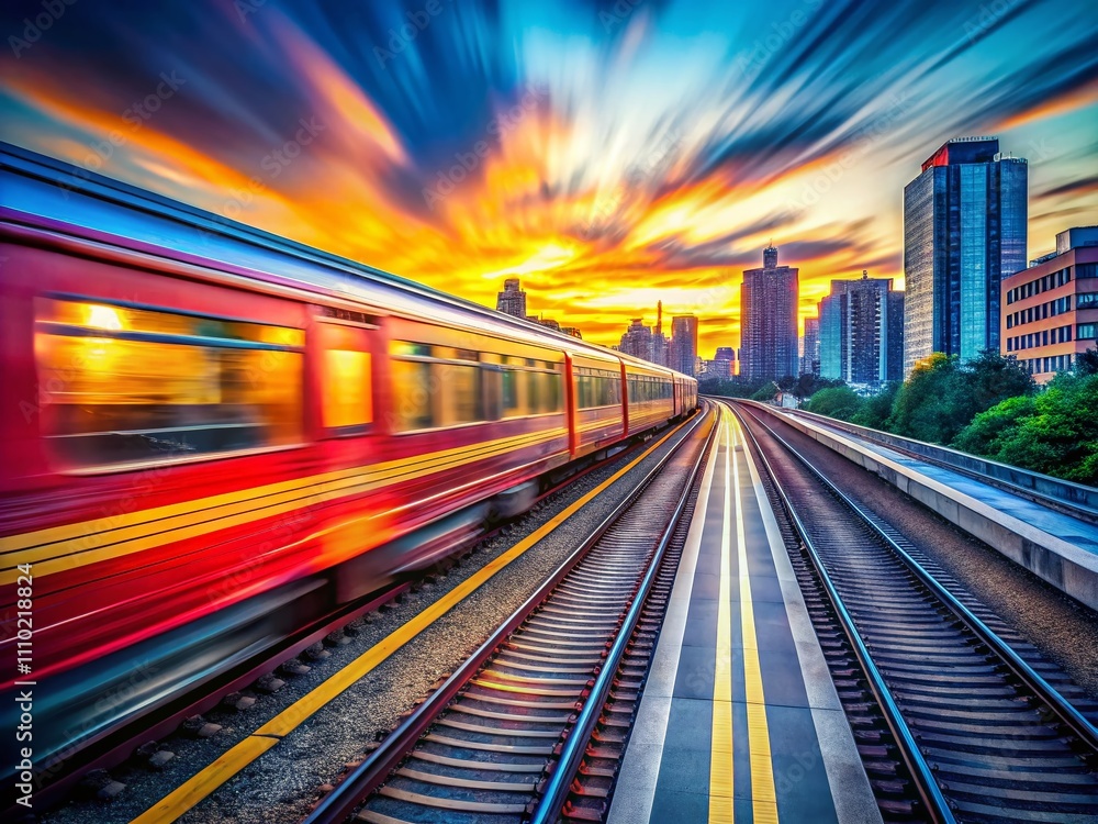 Blurry Motion of a Rapid Passenger Train on the Railroad, Capturing the Essence of Fast Public Transportation in an Urban Setting with Open Space for Text Overlay Blurry Motion of a Rapid Passenger Train on the Railroad, Capturing the Essence of Fast Public Transportation in an Urban Setting with Open Space for Text Overlay