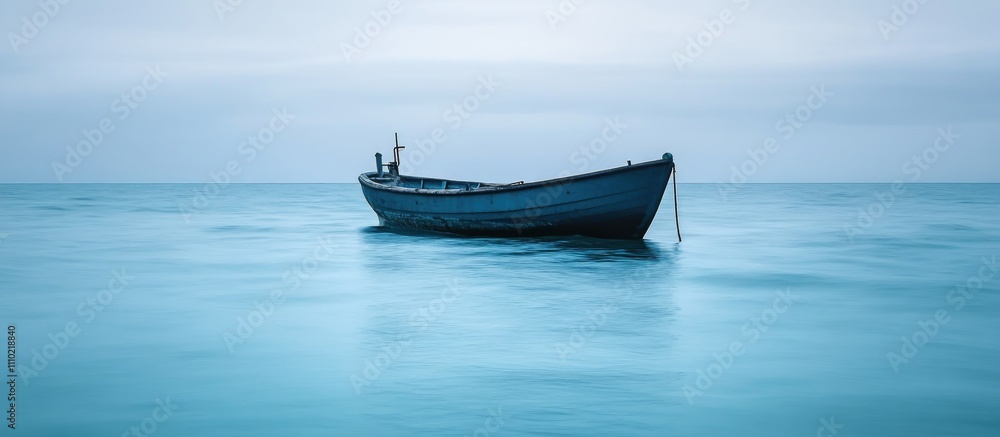 Fototapeta premium Serene coastal landscape with a lonely boat floating on the tranquil waters of the Black Sea under a soft blue sky