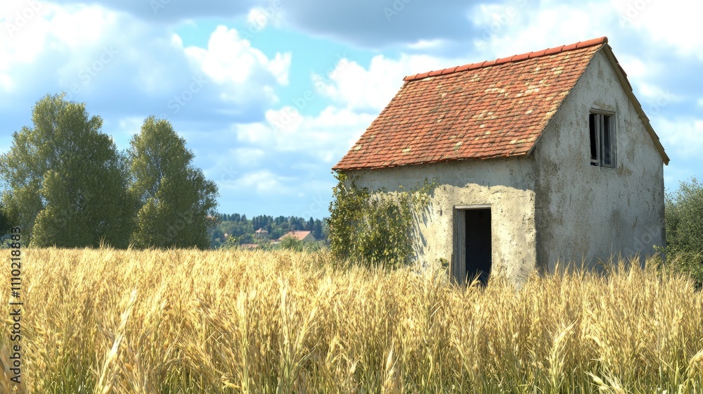 abandoned house in a golden wheat field under a blue sky with clouds showcasing rural tranquility and nature's beauty abandoned house in a golden wheat field under a blue sky with clouds showcasing rural tranquility and nature's beauty