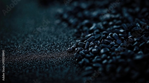 Close up of black plastic granulate on dark background highlighting polymer resin materials for injection molding processes