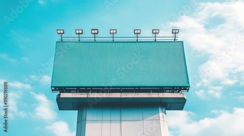 Steel billboard frame with spotlights and aluminum roof against blue sky for advertising and rental opportunities near industrial area. photo