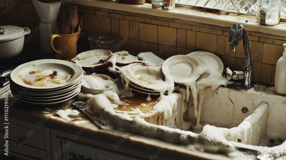 A ceramic sink piled with greasy pots and plates, with dish soap foam creating a messy yet satisfying scene A ceramic sink piled with greasy pots and plates, with dish soap foam creating a messy yet satisfying scene