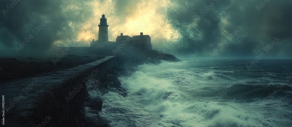 Fototapeta premium Mysterious coastal landscape with lighthouse amid dramatic stormy skies and turbulent waves illuminating twilight atmosphere