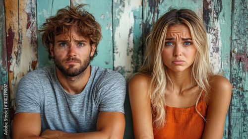 couple facing emotional distress with sad expressions against weathered wooden backdrop