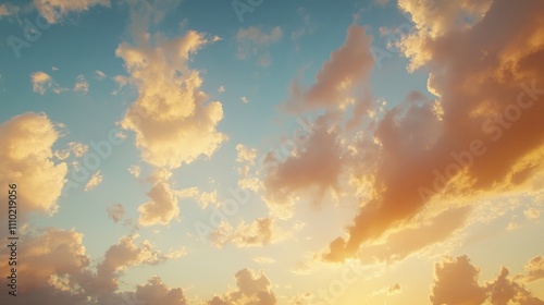 Colorful twilight sky with fluffy clouds illuminated by evening sunlight creating a serene and vibrant atmosphere at dusk photo