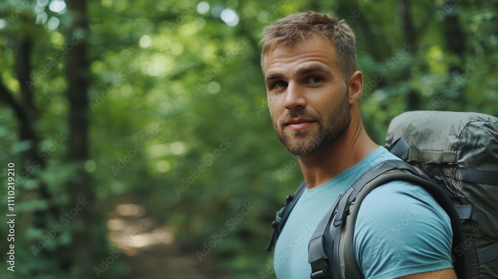 A man with a backpack is standing in a forest A man with a backpack is standing in a forest