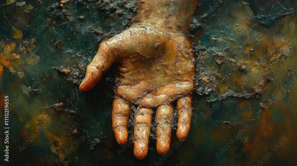 Fototapeta premium Aged hand emerging from textured surface symbolizing resilience and struggle against adversity in a dynamic artistic representation.