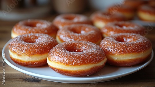 Freshly baked jelly donuts arranged beautifully on a white plate with a soft background showcasing their tempting sweetness and texture.