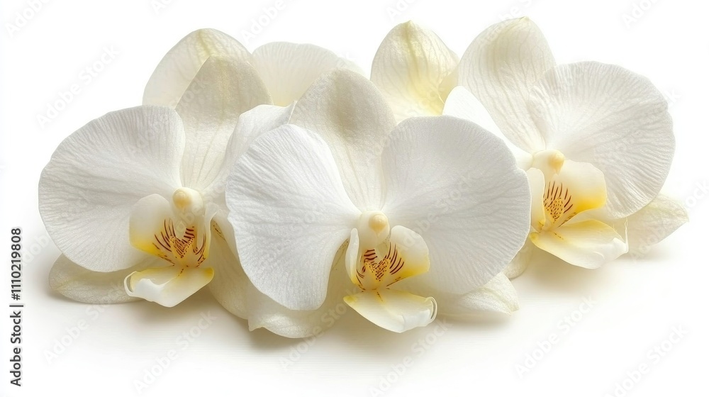 Elegant white orchids arranged artistically on a soft white background creating a serene and tranquil atmosphere for design purposes Elegant white orchids arranged artistically on a soft white background creating a serene and tranquil atmosphere for design purposes
