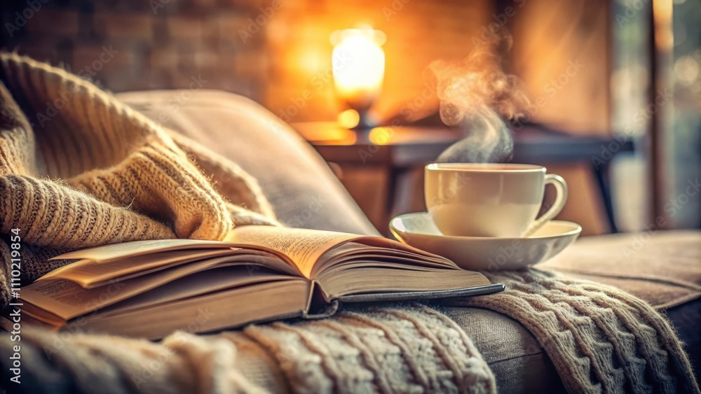 A steaming cup of tea, a well-worn book, and a soft knit blanket create a warm and inviting ambiance for a relaxing afternoon. A steaming cup of tea, a well-worn book, and a soft knit blanket create a warm and inviting ambiance for a relaxing afternoon.